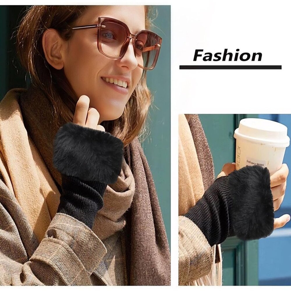 Women's Blue Knitted Fingerless Faux Fur Wrist Cuff Thumb Hole Warmers Gloves - Picture 6 of 6